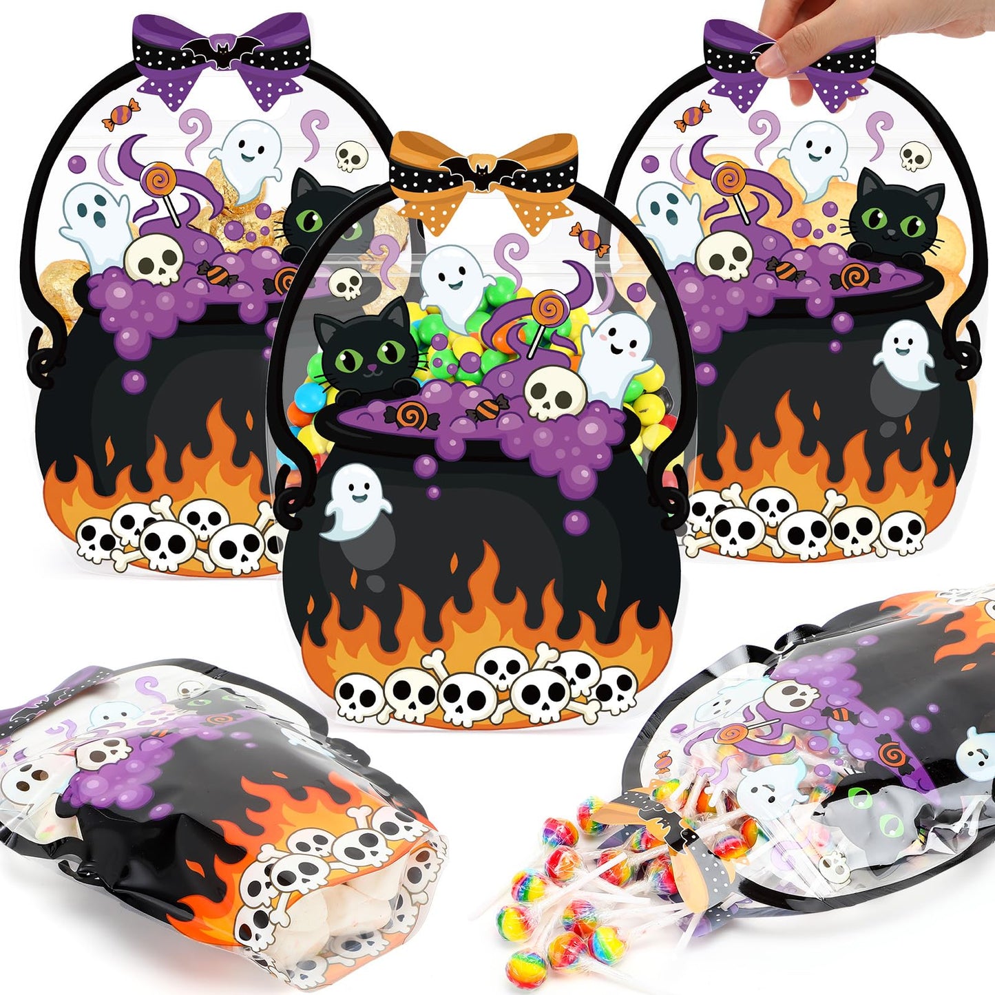 Fuutreo 50 Pcs Halloween Plastic Bags Clear Black Cat Witch Cauldron Sealed Gift Pouches with Handles Resealable Scary Holiday Favor Bags for Halloween Holiday Party Candy Gift Wrapping Supplies Decor