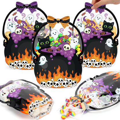 Fuutreo 50 Pcs Halloween Plastic Bags Clear Black Cat Witch Cauldron Sealed Gift Pouches with Handles Resealable Scary Holiday Favor Bags for Halloween Holiday Party Candy Gift Wrapping Supplies Decor