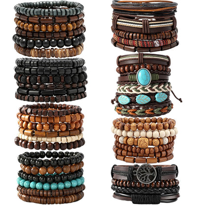 JAVMOO 45 Pcs Wooden Bead Bracelets for Men Women, Boho Multiple Sets Leather Wrap, Hemp Cords, Stack Wood Beads, Ethnic Tribal Cuff Jewelry Wristbands
