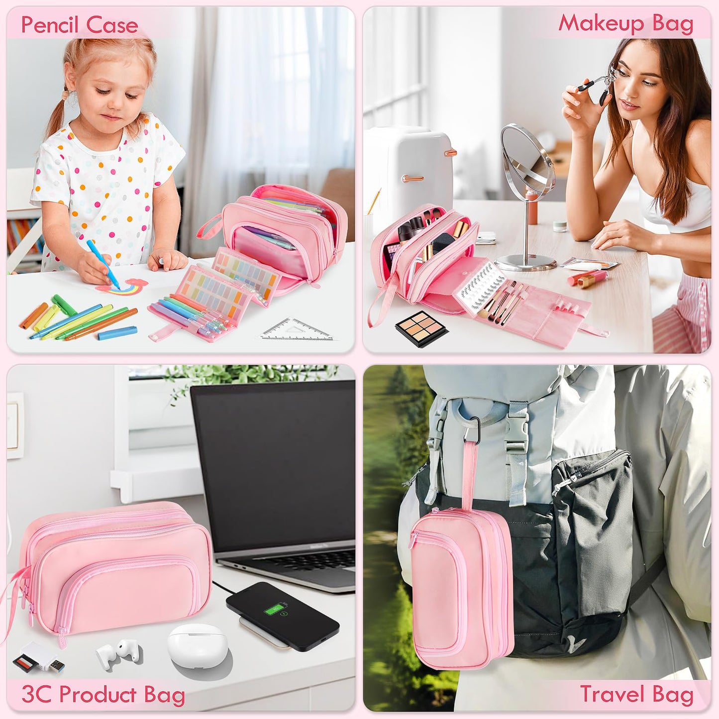 SANANT Large Capacity Pencil Case with Pull-out Structure - Multifunctional Extra Big Pencil Pouch Pen bag, Portable Stationery Organizer with Zipper, College Office School Supplies for Girls, Pink