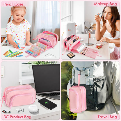 SANANT Large Capacity Pencil Case with Pull-out Structure - Multifunctional Extra Big Pencil Pouch Pen bag, Portable Stationery Organizer with Zipper, College Office School Supplies for Girls, Pink