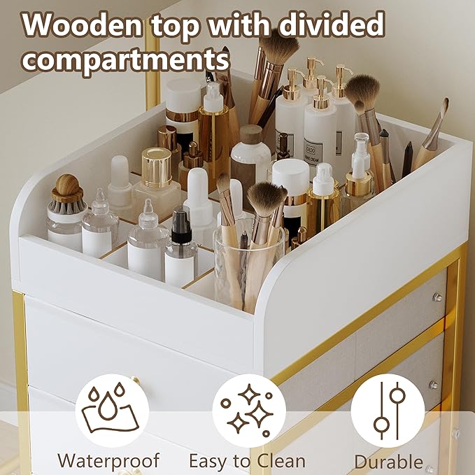 Rolling Makeup Organizer Cart - Under Desk Vanity Cart with 4 Fabric Drawers, Makeup Bathroom Storage Cart Cosmetic Display Cases for Nail Polish Brush Hair Tool