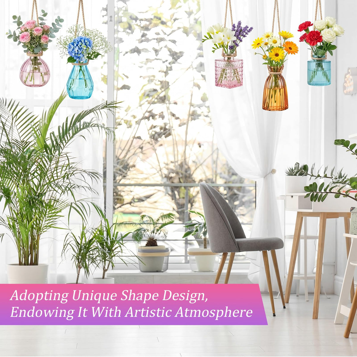 Wonderjune 8 Pcs Stained Glass Hanging Vases Hanging Glass Planters Small Plant Terrarium Pot Containers with Rope for Garden Home Indoor Outdoor Decor, 4 Styles (Classic)