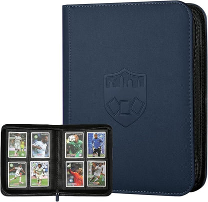 4 Pocket Ringless Side Loading Trading Card Binder, 160 Cards PU Fixed Page Zipper Card Album for TCG Sports Game Cards, Not Fit Top Loaders (Blue)
