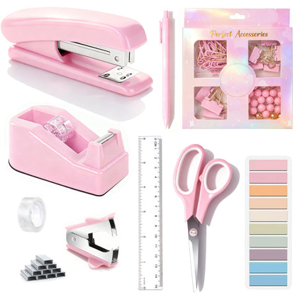 Pink Desk Accessories, Pink Office Supplies Accessories with Tape Dispenser, Stapler, Staple Remover, 1000 Staples, Tape, Clips Set, Ruler, Scissor, Pen