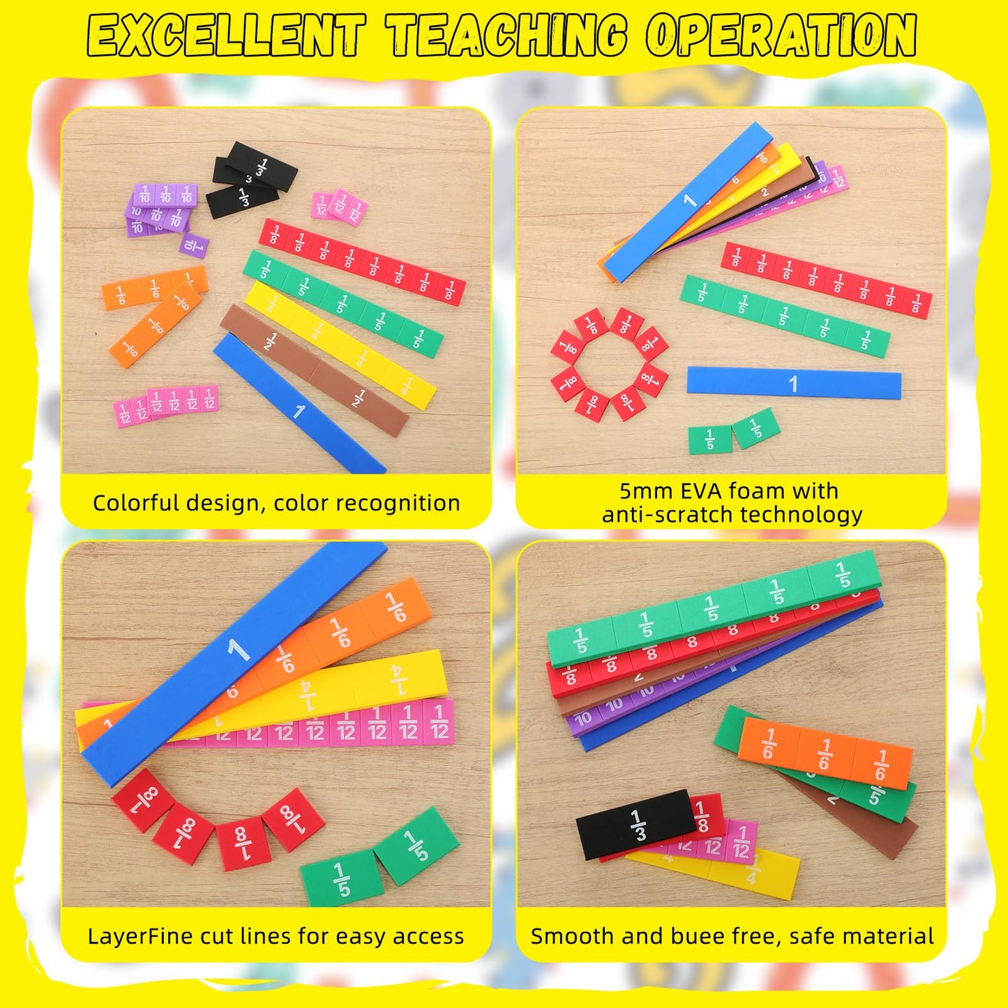 Sayglossy 24 Sets Fraction Tiles Set for Math Classroom Fractions Manipulatives Math Learning Manipulatives for Home School Supplies