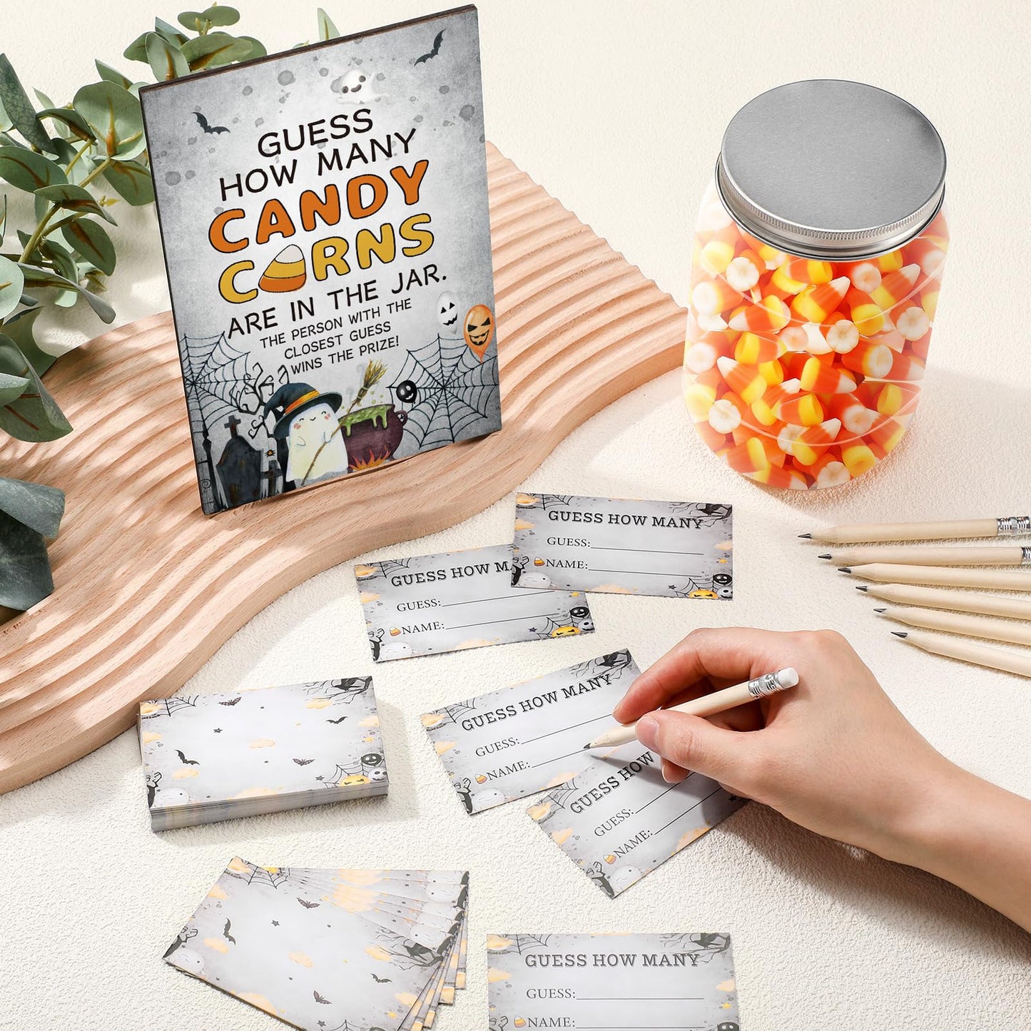 Honeydak Guess How Many Candy Corns Halloween Party Game for Adults Include 50 Guessing Cards 20 Pencils 1 Jar 1 Standing Sign Halloween Candy Corn Guessing Game