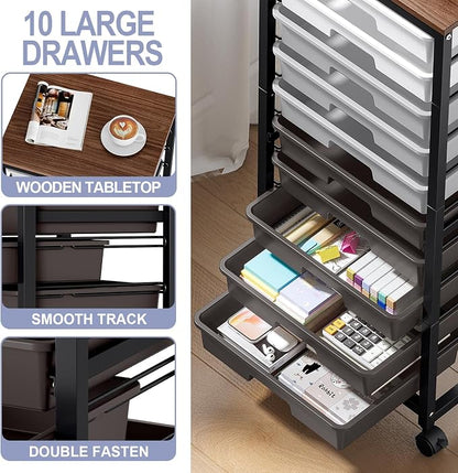 SYKIARIOL Rolling Cart with Drawers,10 Drawer Rolling Cart,Storage Cart,Utility Cart,Teacher Cart for Classroom Storage,Craft Cart with Wheels and Wooden Tabletop,Grey