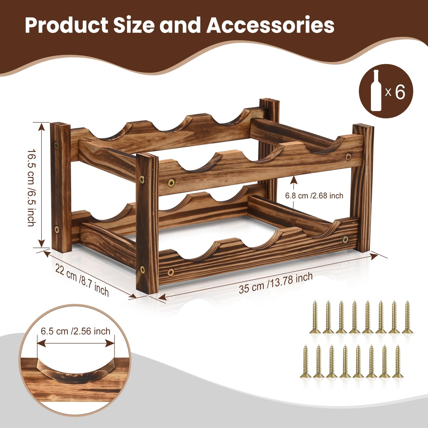 6-Bottle Wooden Wine Rack – 2-Tier Tabletop Countertop Space-Saving Wine Holder with Screwdriver Included, Easy Assembly Wine Storage Shelf for Kitchen, Bar, Pantry & Home Decor