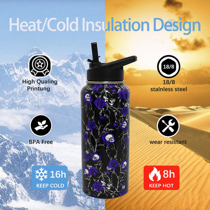 ZNYYZYBA Insulated Halloween Water Bottle 32 oz, Flower Skull Water Bottle with Straw, Reusable Leakproof Tumbler Stainless Steel, Halloween Gifts for Women