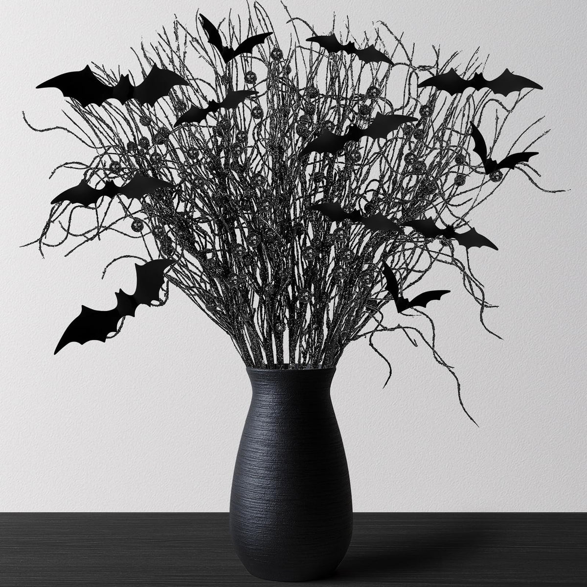 Yen Jean 21Pcs Halloween Decorations Black Artificial Branches Picks Decor Berry Stems Tree Glittery Curly with Bats for Flowers Arrangement Floral Bouquet Vase Party Supplies