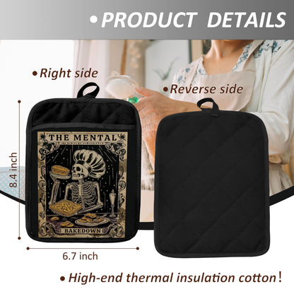 Gothic Skeleton Pot Holders with Pockets, Funny Baking Gifts Pot Holders Heat Resistant Oven Mitts Hot Pads for Kitchen Baking Cooking,Potholders for Kitchens