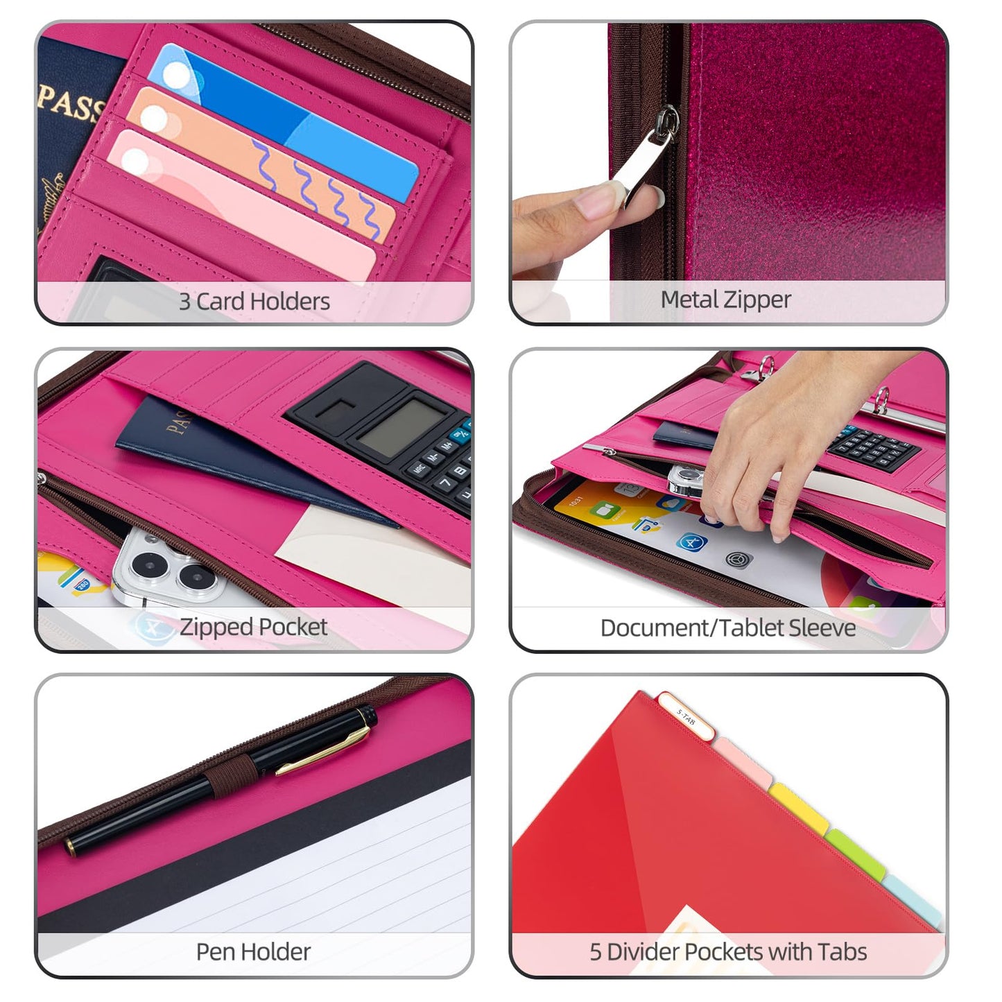 Ospelelf Zipper Clipboard with Storage, Leather Padfolio Portfolio Folder, 3 Ring Binder Dividers with Tabs, 12.1” Tablet Sleeve, Refillable Notepad, Card Slot (Rose Red)