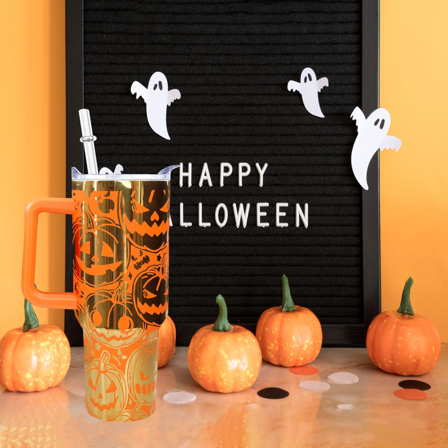 sgqjdpmc 40 oz Halloween Laser Etching Tumbler with Handle Straw Lid Pumpkin Tumbler Gifts for Women Travel Coffee Cup