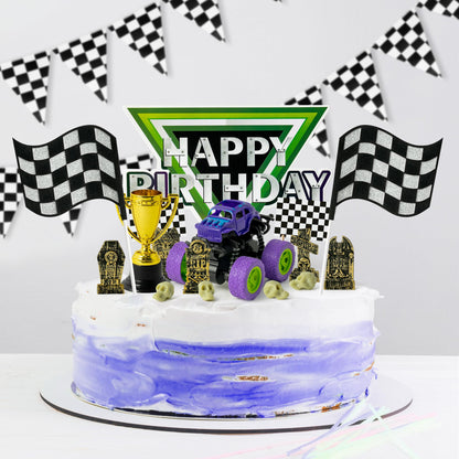 Haooryx Monster Truck Cake Topper - 40Pcs Green and Purple Monster Truck Cake Decoration Racing Car Dessert Cupcake Topper for Kid Boy Birthday Truck Theme Party Baby Shower Table Decoration Supply