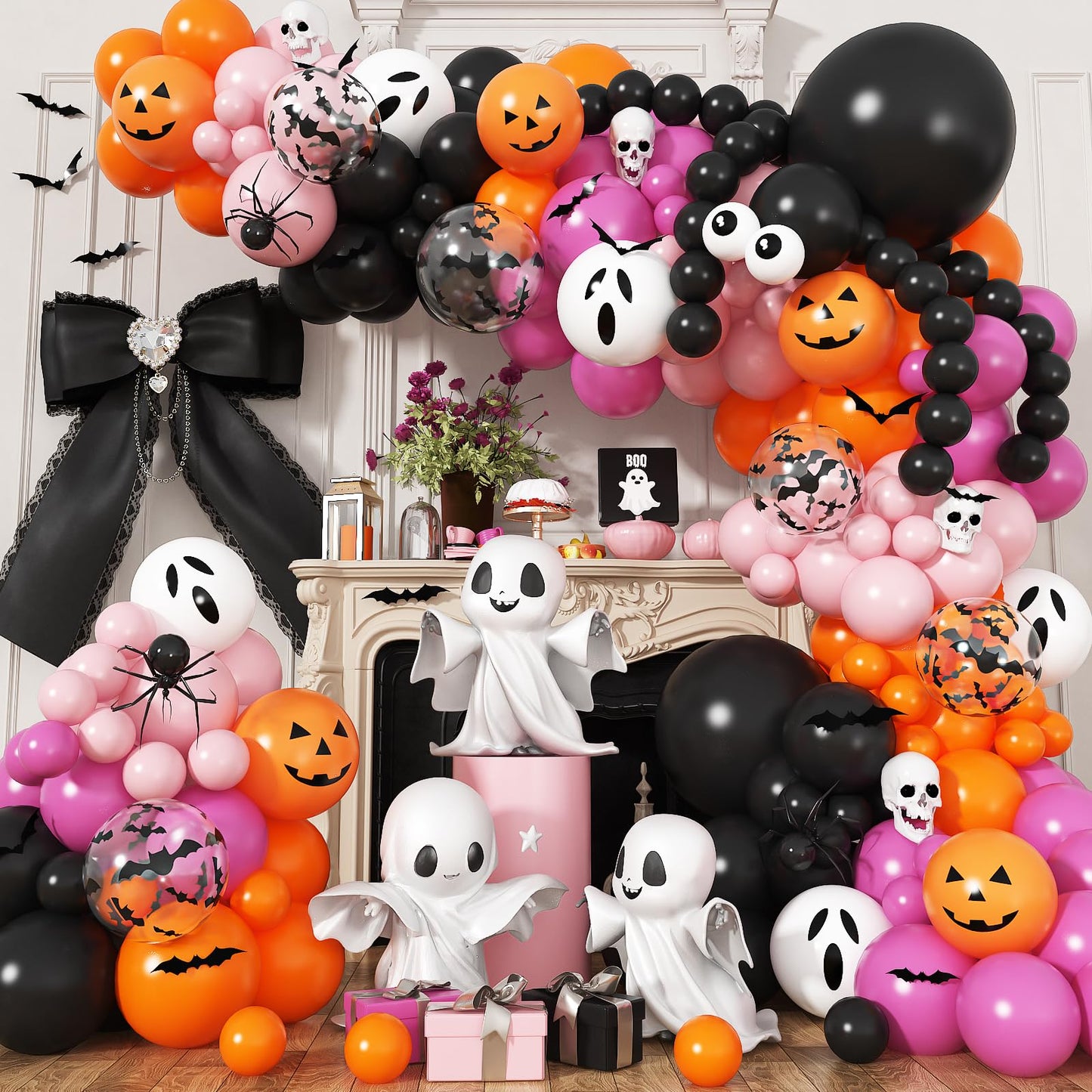 Froova Halloween Balloon Arch Pink Black Orange Balloons Garland 3D Bat Stickers Bat Print White Ghost Pumpkin Latex Balloons for Pink Halloween Night Ghost Spooky One Birthday Baby Shower Party Decor