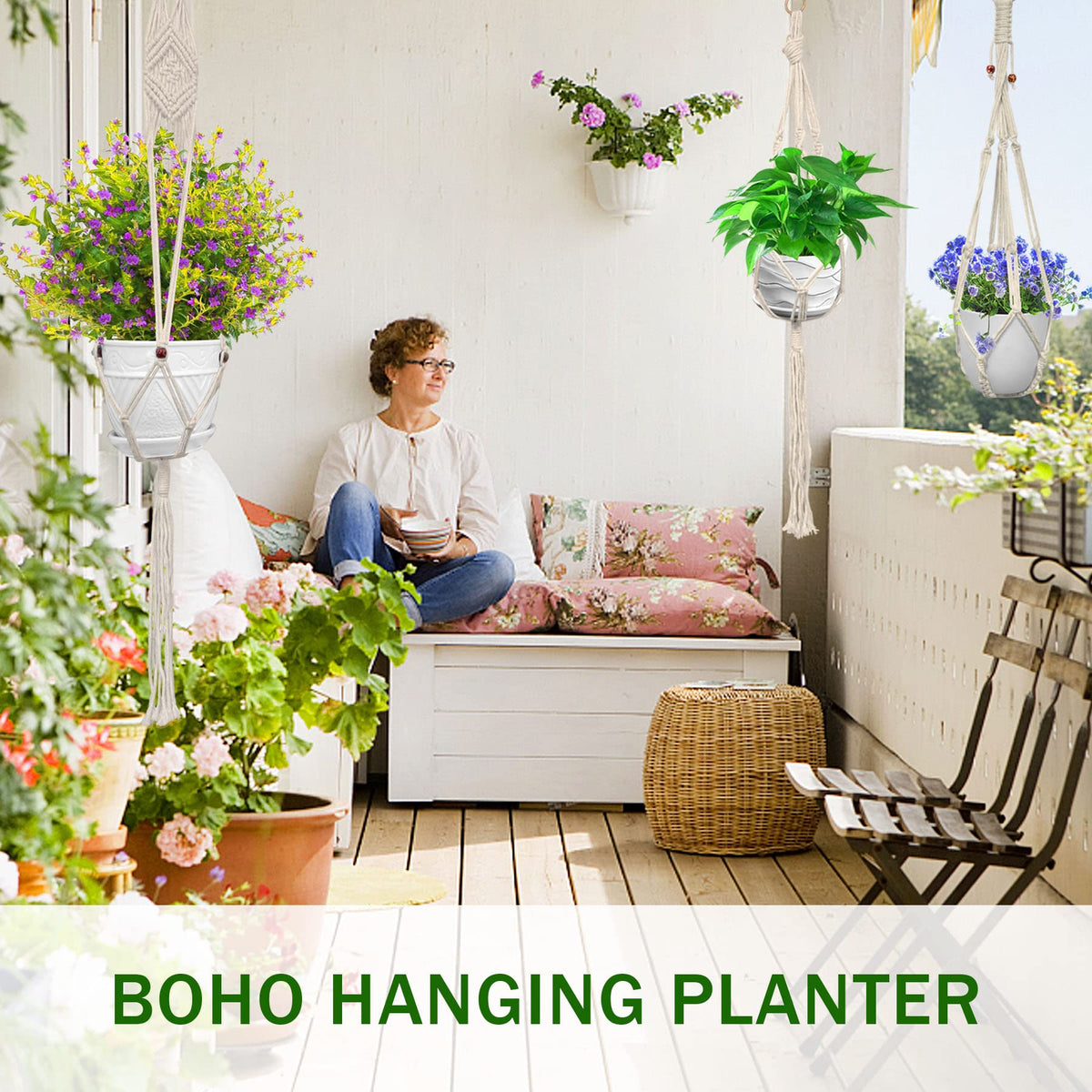 IGaiety Macrame Plant Hanger,7 Pack Plant Hanger Indoor Hanging Planters with 7Pcs Ceiling and S Hooks-Handmade Macromay Plant Hangers Outdoor Macrame Plant Holder for Boho Home Decor