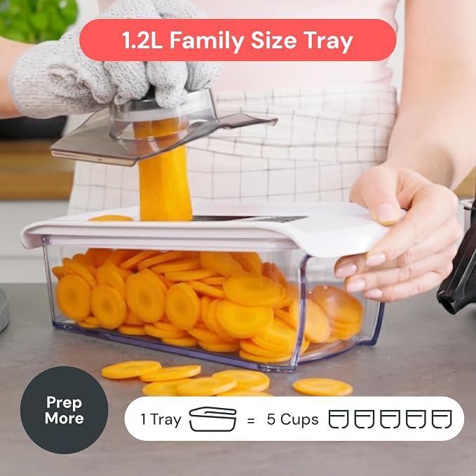 Fullstar Mandoline Slicer for Kitchen, Fruit Cutter, Cheese Grater, Cucumber Slicer, Veggie Spiralizer, Food Cutter & Kitchen Gadgets & Gifts with Safety Glove (6 in 1, White)