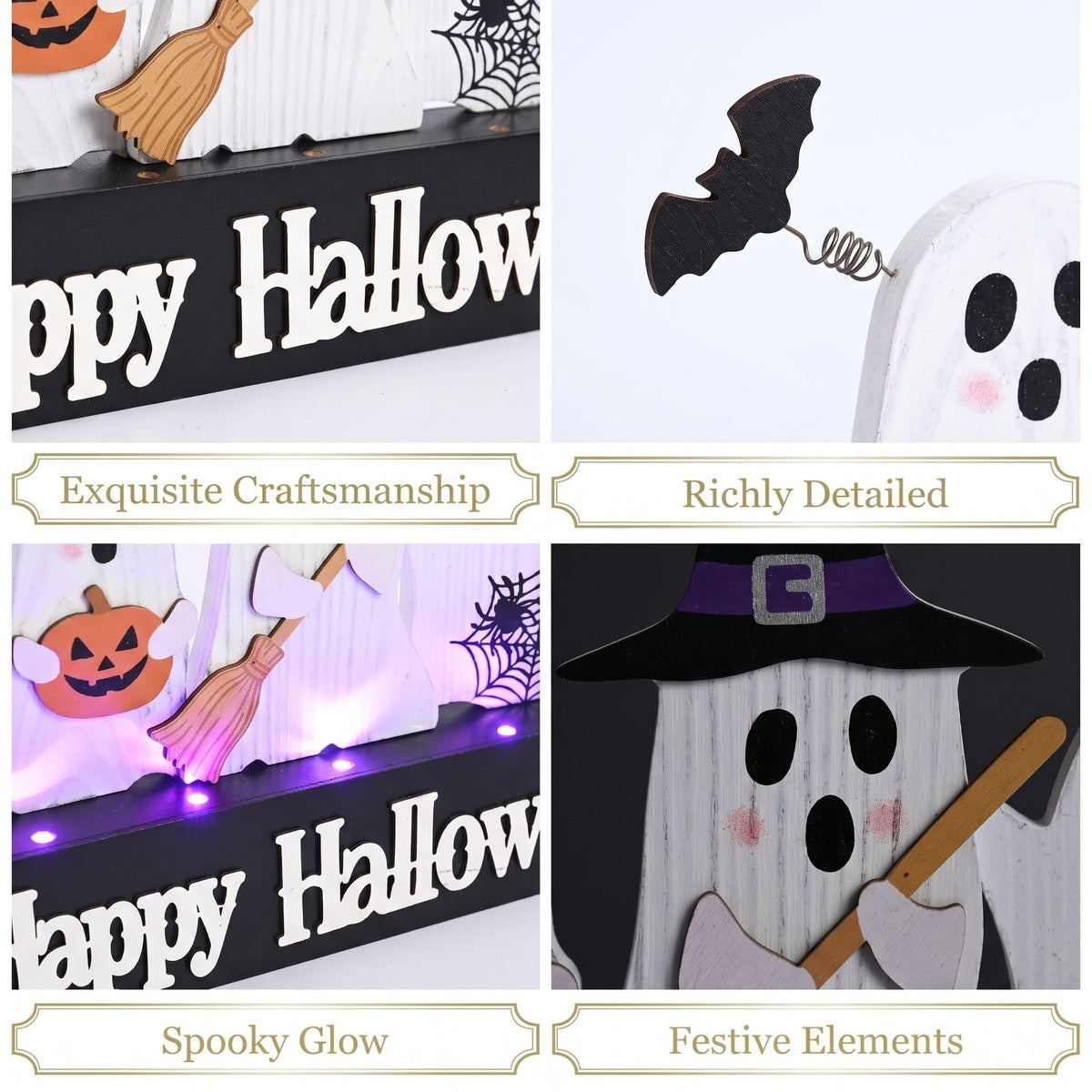 Valery Madelyn Halloween Decorations with Purple LED Lights, Lighted Halloween Ghost Decor, Tabletop Sign with Witch Hat Broom Bats Jack O Lantern for Home Party Indoor, 8 Inch