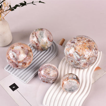 JIC Gem Natural Striped Agate Crystal Sphere with Wooden Stand Decorative Crystal Ball Healing Gemstone Sphere for Meditation Feng Shui Witch-Style Decor70-80mm