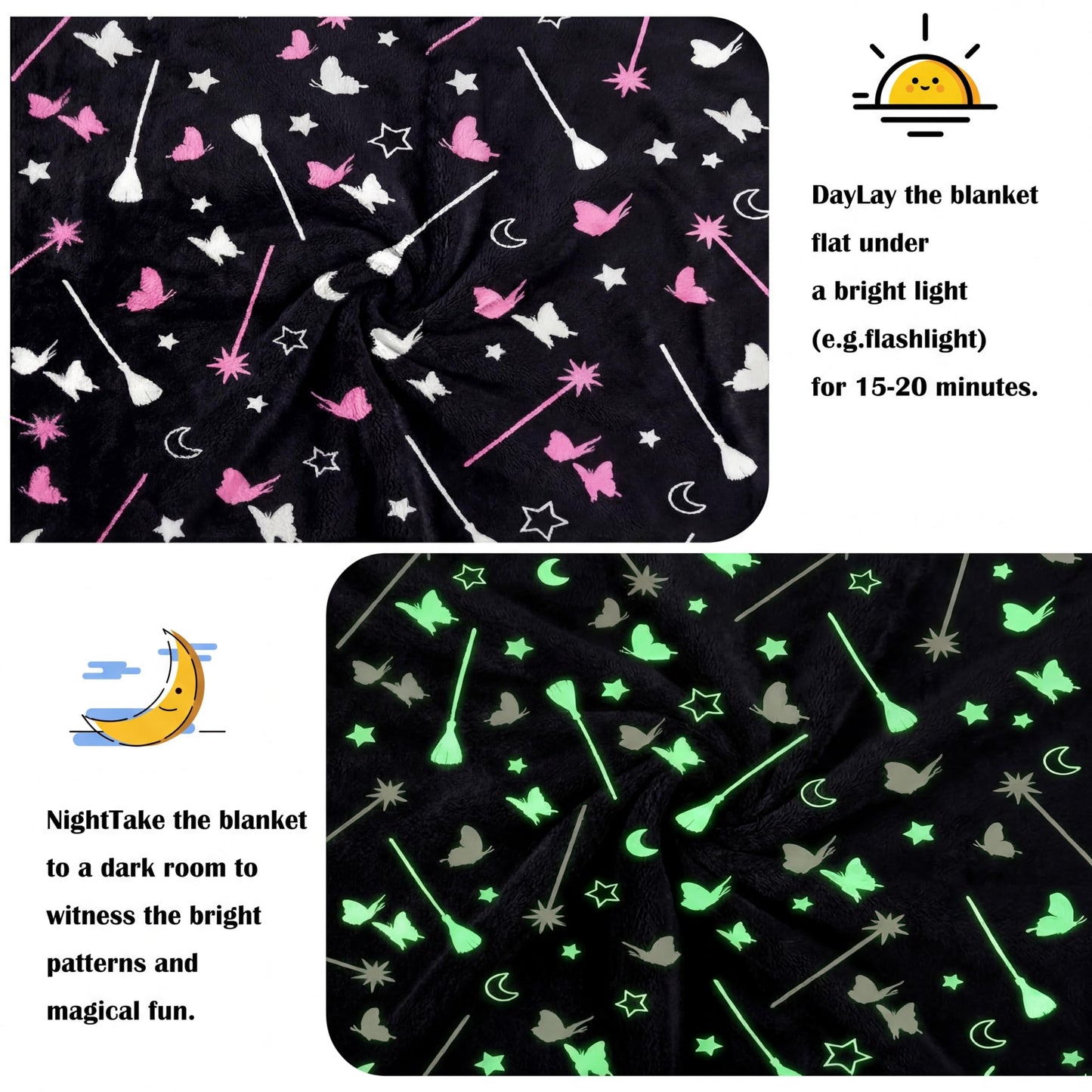Hillsuren Glow in the Dark Witch Theme Blanket Black Broom Pink Magic Wand Flannel Throw Blanket 50 x 60 Inch for Girls Fun Sofa Bed Gift Decoration
