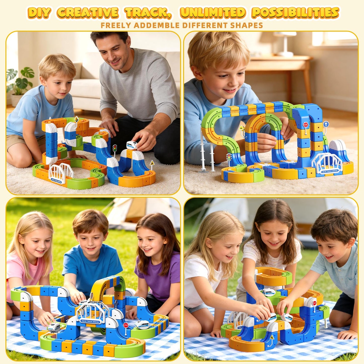 Fortand Electric Train Set for Kids 3 4 5 6 7 8, 225PCS(80 Track +2 Train) 3D Infinity Flexible Anti-Gravity Cube Trains Track STEM DIY Railroad Building Toy, Birthday Gifts for Boys & Girls Ages 3-8