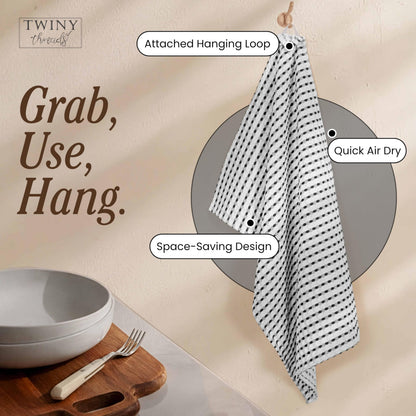 TWINY threads Waffle Kitchen Towels Set of 4, Large 16x26 Inches, 100% Cotton Absorbent Dish Cloths, Fast Dry & Machine Washable Waffle Weave Towel for Cooking, Baking & Cleaning, Black and White