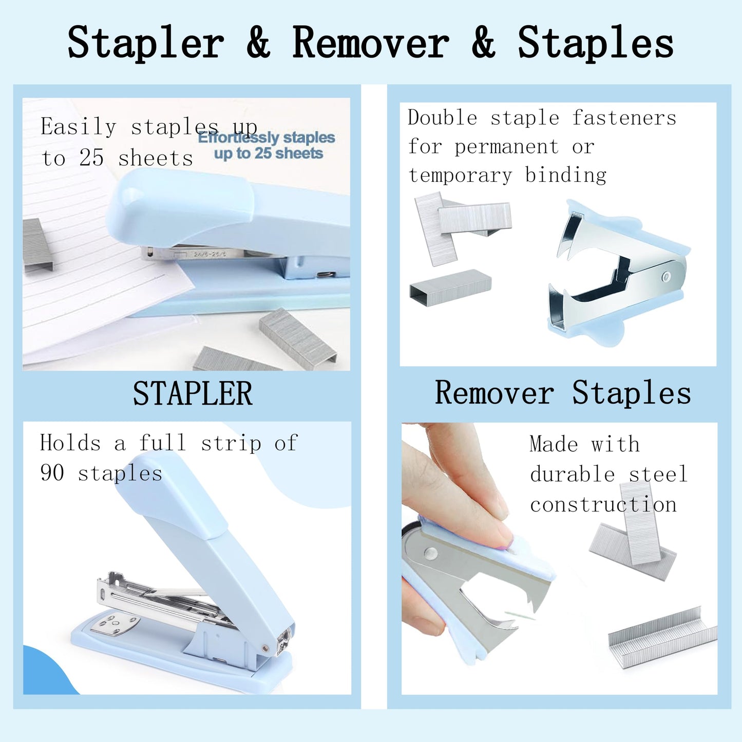 Dimonluce Blue Desk Accessories, Blue Office Supplies Accessories with Tape Dispenser, Stapler, Staple Remover, 1000 Staples, Tape, Clips Set, Ruler, Scissor, Pen