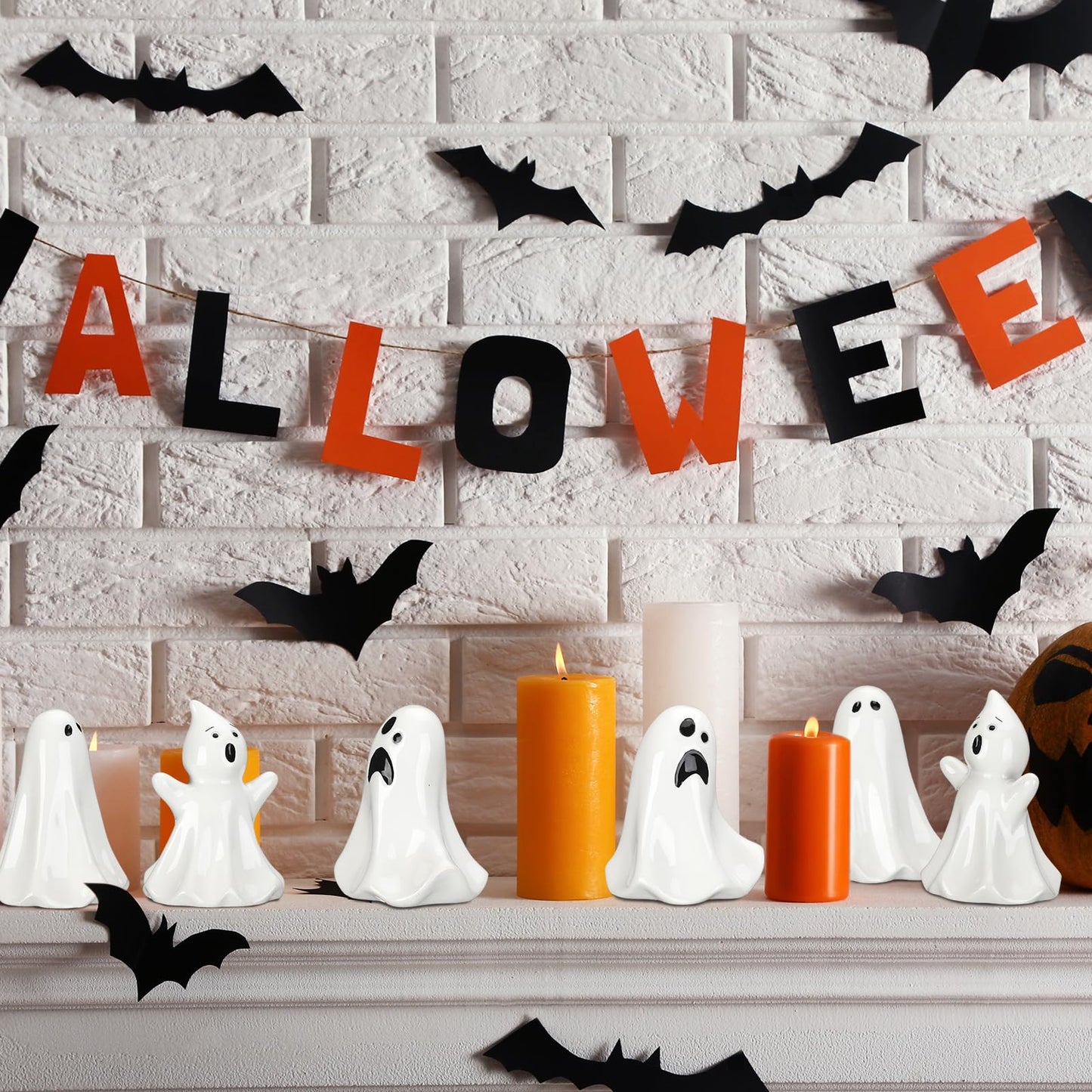 Domensi 6 Pcs Ghost Decor Ceramic White Figurines Ghost Statue Spooky Halloween Decor Scary Statue Decoration Cute Sculpture for Gift Props Home Tabletop Decorations(Classic)