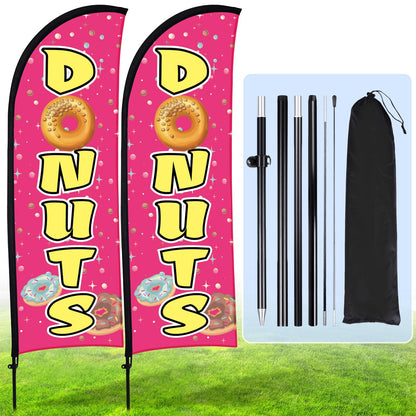 Buryeah 2 Sets Donuts Feather Flag Pole Kit 7 ft Donuts Advertising Flag Sign Banner with Flagpole Ground Stake Portable Bag for Diner Restaurant Business Outdoor Advertising