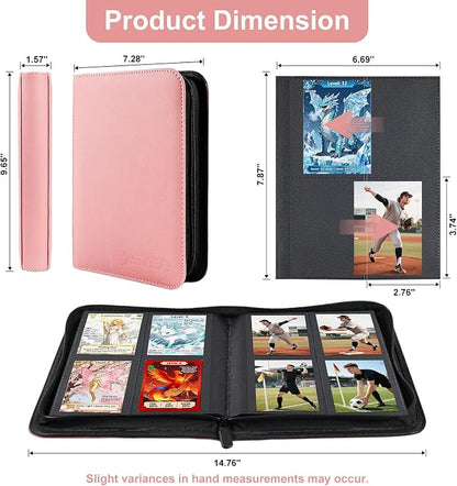 BYSTER 4 Pocket Card Binder, Premium PU Trading Card Binder with Zipper, 160 Capacity Side-Loading Binder for TCG, MTG, Sports Cards, Game Cards, Pink