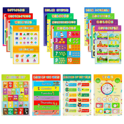 Educational Posters for Elementary Preschool Kindergarten Classroom Learning, Preschool Learning Posters for ABC Alphabet, Time, Number, Months, Colors, Weather, Galaxies , Animals, More, 16.5x11 Inch (16P)