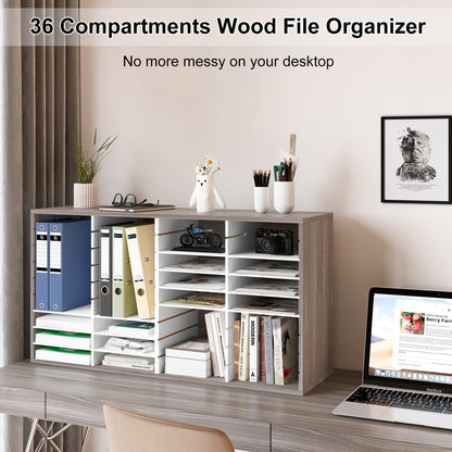 EasyPAG Wooden Literature Organizer with Adjustable Shelves, 36 Compartments Office Paper Organizer Storage 18000 Sheets Letter Size Paper, Student Mailbox for Classroom, Retro Gray/White