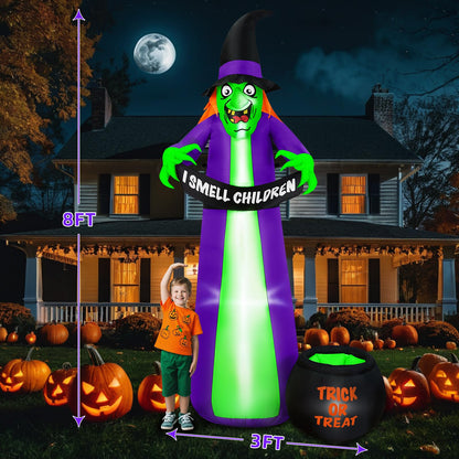 BRDJade 8Ft Halloween Inflatables Witch Outdoor Decorations with Candy Cauldron, Scary Blow Up Witch Holds I Smell Children Banner, Inflatable Halloween Build-in LEDs for Party Yard Lawn Garden Decor