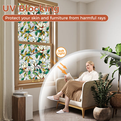 Aomkmi 2-Pack Window Privacy Films Stained Glass Rainbow Decal Static Clings UV Blocking Removable Floral Film Office Home Sunroof Window Tinted Stickers, 17 x 78.74 Inch