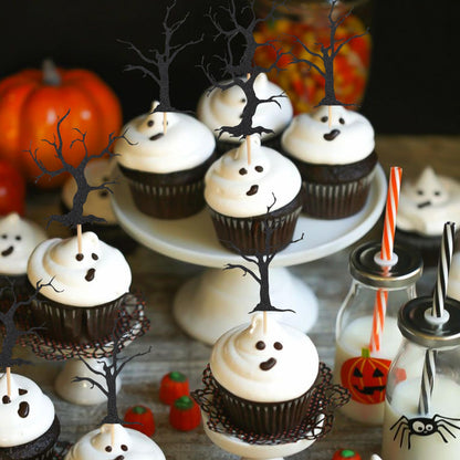 Haunted Forest Halloween Cupcake Topper - Haunted House Theme Baby Shower Party Decoration, Black Glitter Spooky Tree Cupcake Decoration, Halloween Birthday Party Supplies, Cake Smash Photo Props