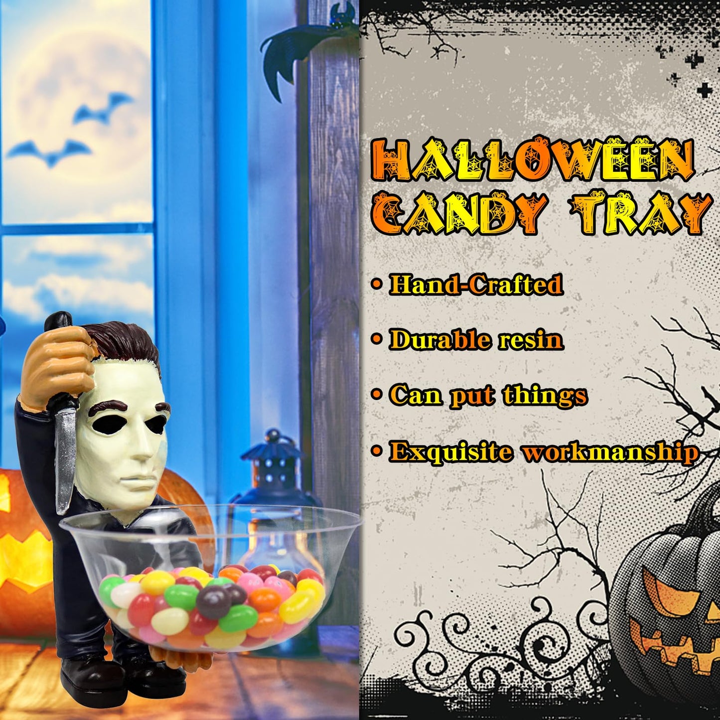 GOBWCOT Halloween Candy Bowl Holder Horror Movie Gnomas Candy Dish Scary Killer Figurines Statue Kitchen Ornaments Jar (Statue A)