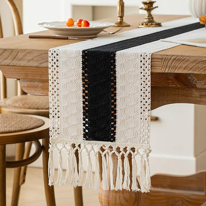 FEXIA Boho Table Runner for Summer Home Decor with Tassels 90 Inches Long Farmhouse Rustic Black Gothic Table Runner Macrame Gothic Burlap Table Decoration for Kitchen Living Room (12x90 Inches)