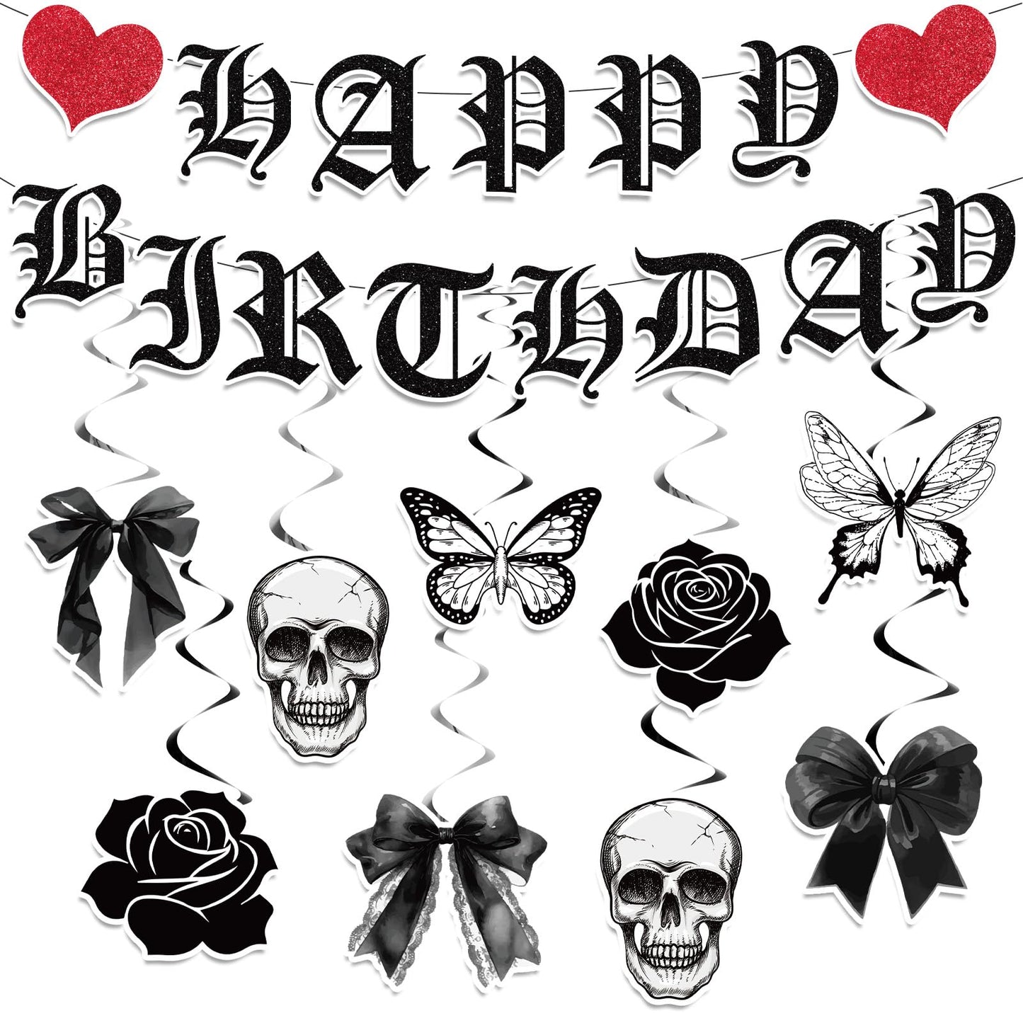 11pcs Gothic Birthday Party Decorations Banner Skull Black Bow Birthday Banner Decorations Hanging Swirls for Death wo My Twenties Rip to My 20s Emo Spooky Halloween Goth Birth day Party Supplies