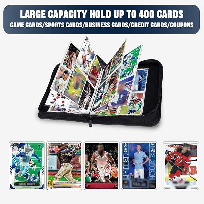 Sports Card Binder 4 Pocket Trading Card Binder 400 Pockets Double Sided Pockets Baseball Card Binder for Football Baseball Basketball Hockey Card and Other TCG Collection Storage Album