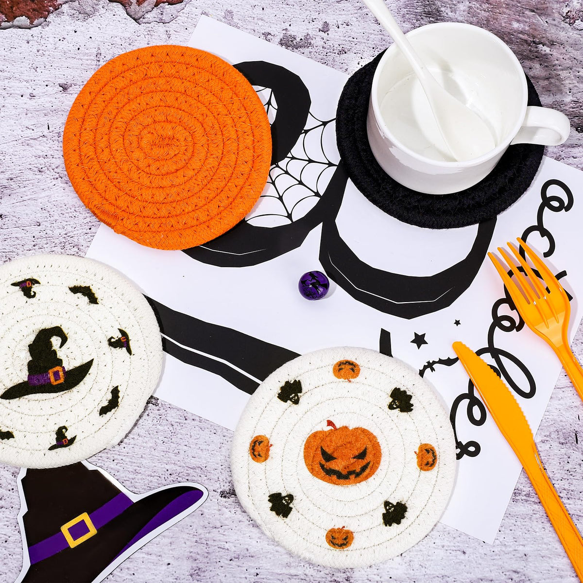 Whaline 4 Pack Halloween Handmade Braided Drink Coasters Black Orange Pumpkins Witch Hats Absorbent Cotton Cup Coasters Heat Resistant Cup Mats for Halloween Home Kitchen Office Table Decor, 4.3 Inch