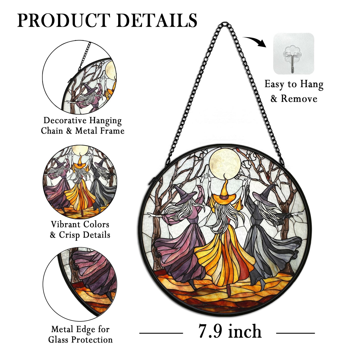 cvjutf Witchy Halloween Suncatcher Stained Glass Window Hanging Decor Aesthetic, Gothic Stained Glass Wall Decor, Witch Dark Academia Garden Sun Catchers Window Hanging Wall Art,Witchy Gifts,7.9x7.9In