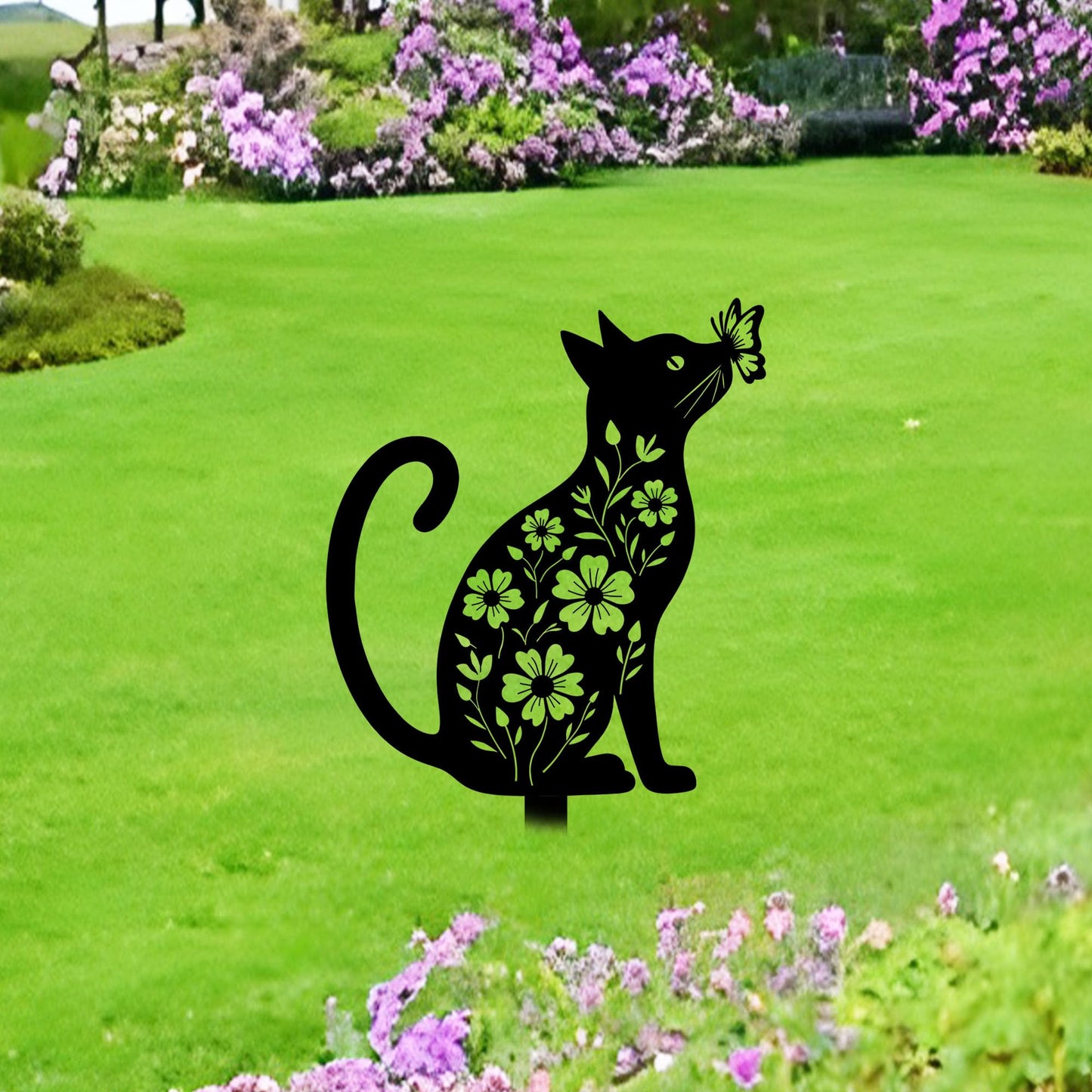 Aucizb Metal Cat Garden Stake - Floral Butterfly Black Silhouette Statue Yard Decor Outdoor Cat Patio Art for Yard, Flower Bed, Lawn, Cabin, Farmhouse Pet Lover Unique Gift (Black)
