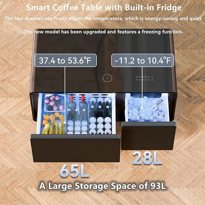 Smart Coffee Table with Fridge and Bluetooth, Smart Living Room Table with Frozen Drawers, Dual Speakers, 15W Wireless Charger, Touch Control, USB Ports, Atmosphere Light, LT90 Ultra-Brown