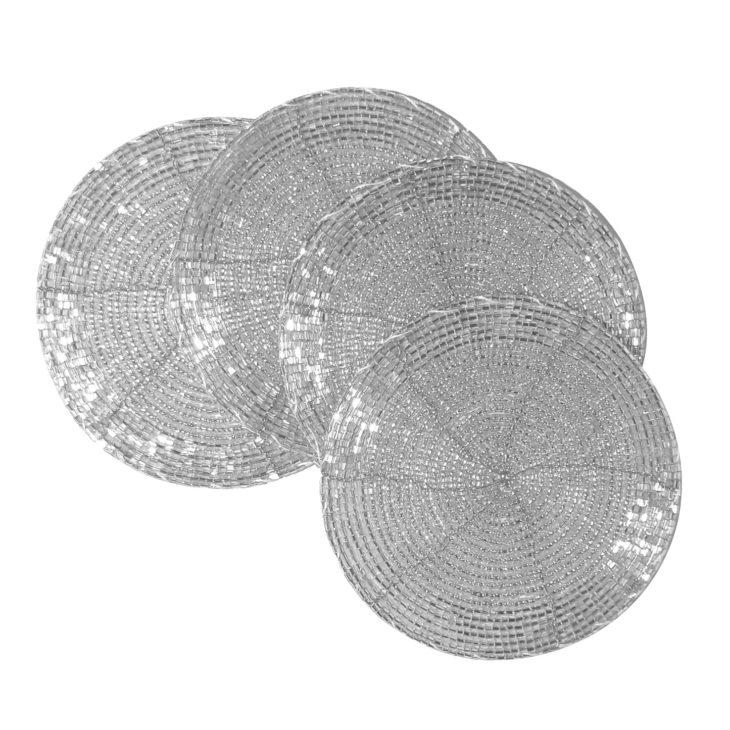 Silver Coasters Set of 4,Handmade Beaded Bar Drink Tabletop Protection Coasters - Halloween Harvest Autumn Fall Thanksgiving Holiday Christmas Xmas Celebration Festive Party 4" Round - Silver