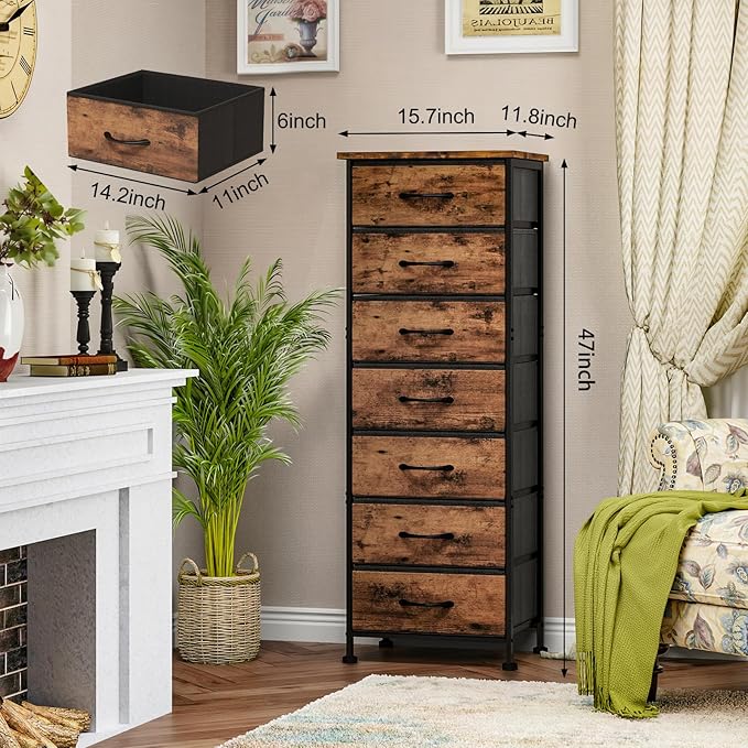 Fixwal Tall Dresser for Bedroom, Storage Dresser Organizer with 7 Fabric Drawers, Nightstand Furniture in Closet, Entryway, Hallway, Rustic Brown Wood Grain Print