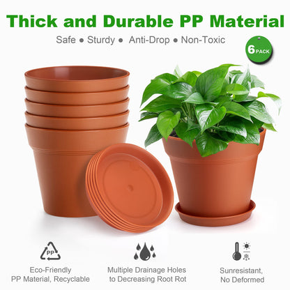 FHWTY 6 Pack Plastic Plant Pots with Drainage Holes and Tray, 7 inch Thickened Indoor Planters Seedlings Nursery Pots for Flowers, African Violet, Succulent and All House Plants, Terracotta