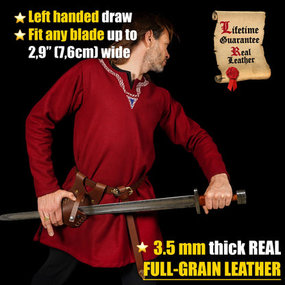 Mythrojan Leather Sword Frog Medieval Sword LARP Costume Accessory Frog Sword Holder Rapier Knight Sword Belt Frog Leather Pirate Sword Holster (Brown- 9.4” x 4.7” LH)