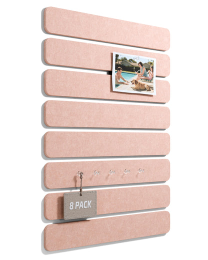 Fluxynara Cork Board Alternative Felt Strip Board 8-Pack 13"x2", Office Pin Board with 50 Push Pins, Adhesive Install for Bedroom Door & Home Office (Pink)