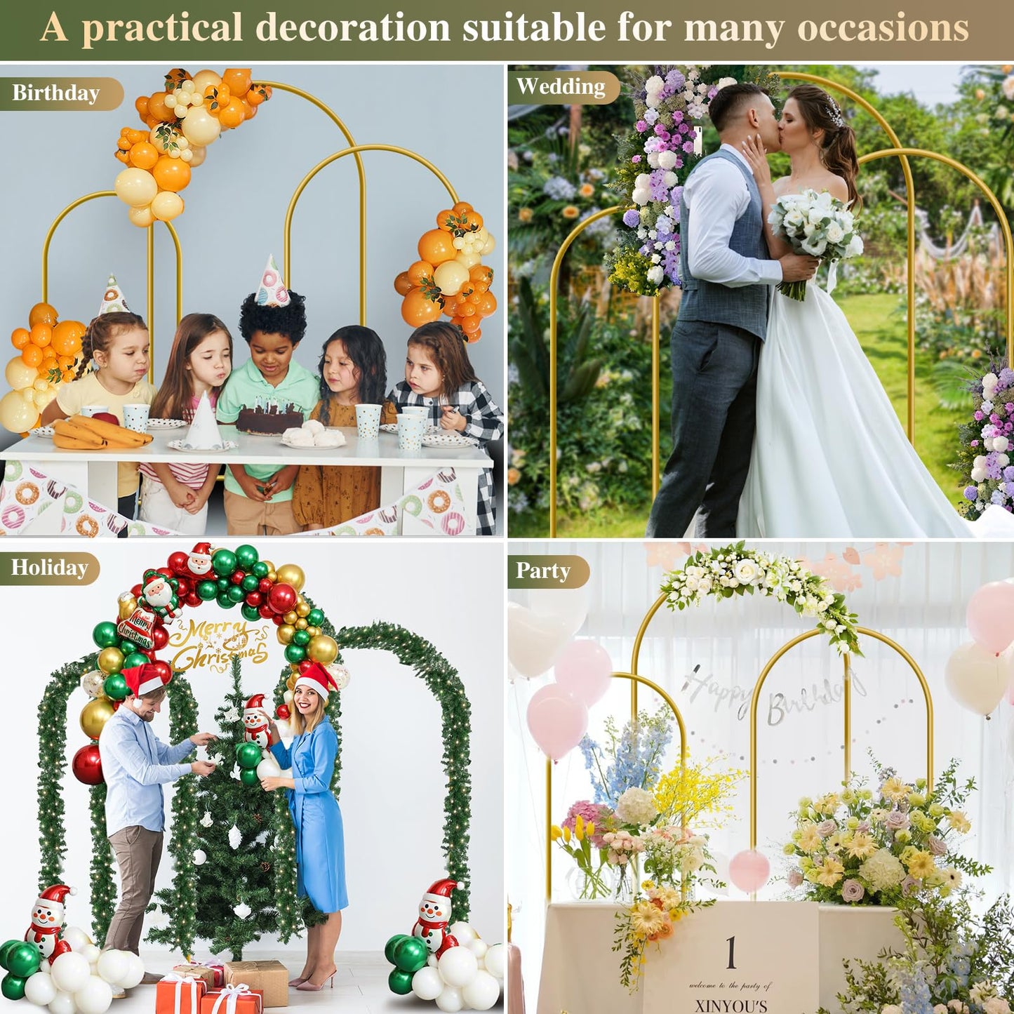 YAYOYA Metal Arch Backdrop Stand, Set of 3 (6/6.6/7.2 ft) Wedding Arched Frame with 12 Ground Nails, Stable Arched Background Stand for Wedding, Baby Shower, Birthday Party, Photography, Gold